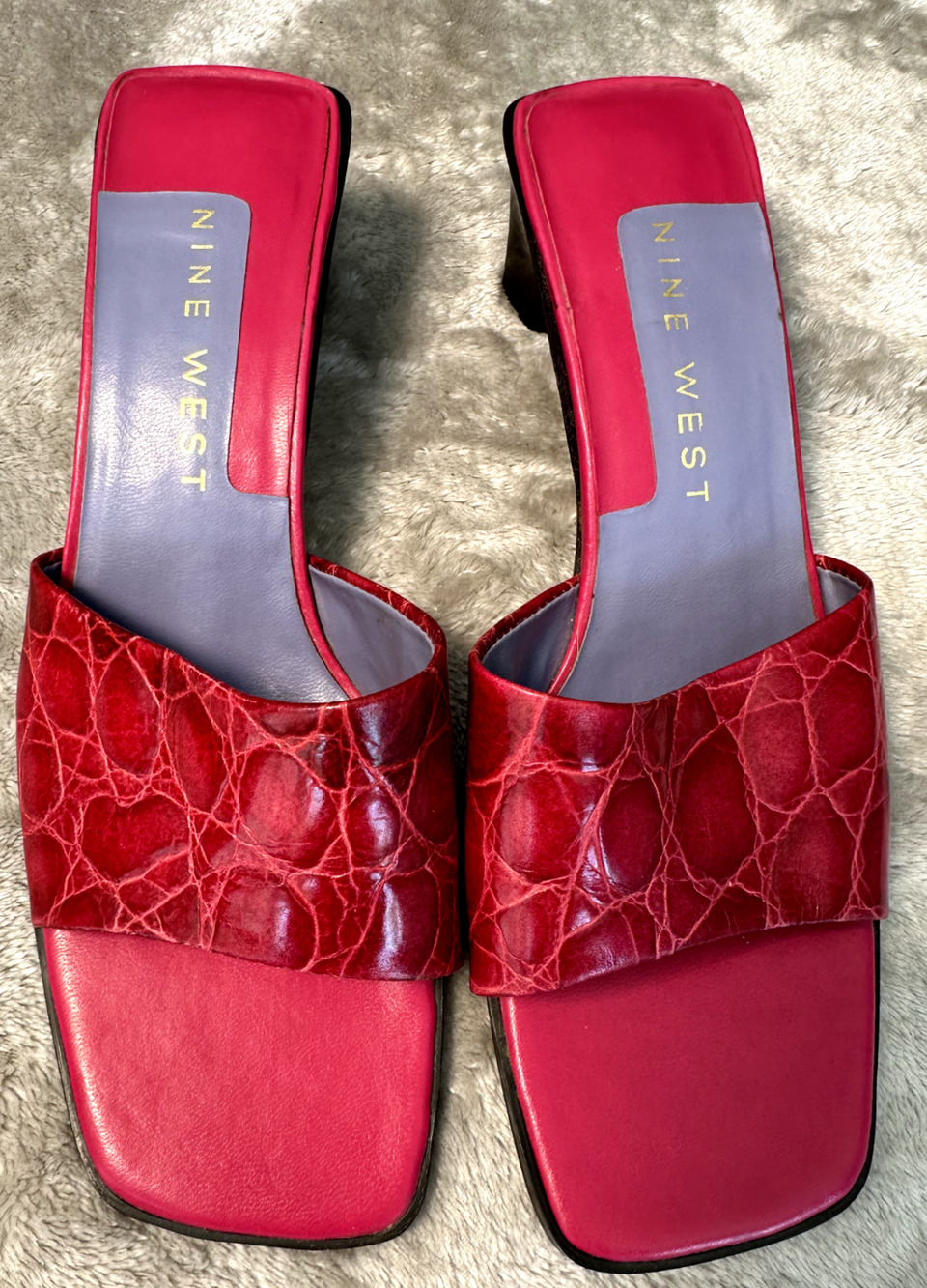 Nine West Vintage Hot Pink Reptile Embossed Leather Mules Y2K Womens Size 6.5